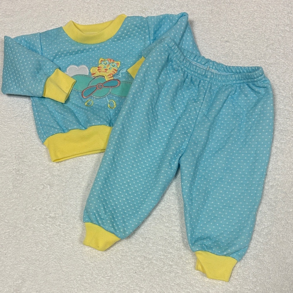 Vintage Double Troublr Blue and Yellow Kids kitty cat airplane sweat suit 0/6m